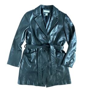 Vintage Preston & York Black Soft Leather‎ Long Trench Jacket Women's Medium